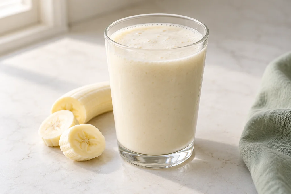 Illustration of a pale banana yogurt smoothie in a clear glass with banana pieces beside it