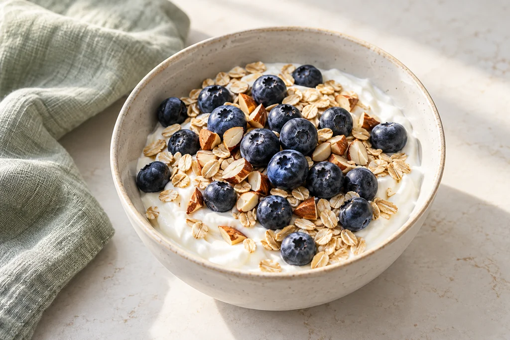 Illustration of plain yogurt topped with blueberries, rolled oats and chopped almonds
