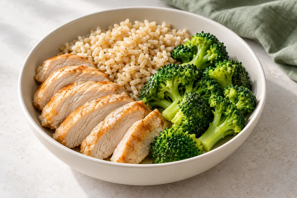Illustration of cooked chicken breast, brown rice and broccoli in a pale bowl