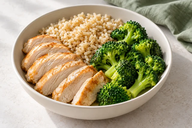 Illustration of cooked chicken breast, brown rice and broccoli in a pale bowl