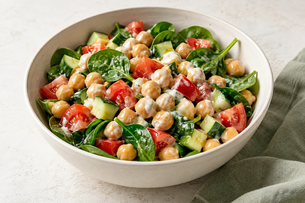 Illustration of chickpeas, tomato, cucumber and spinach with a light yogurt dressing