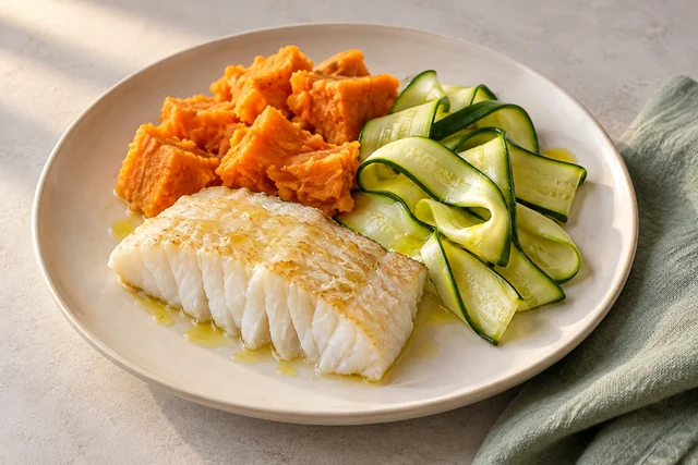 Illustration of cooked white cod, orange baked sweet potato and raw zucchini ribbons