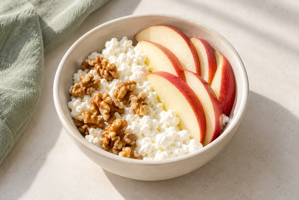 Illustration of cottage cheese with slices of red apple and walnut pieces