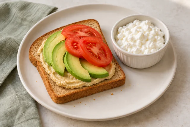 Illustration of hummus, avocado and tomato on plain whole-wheat toast with cottage cheese beside it
