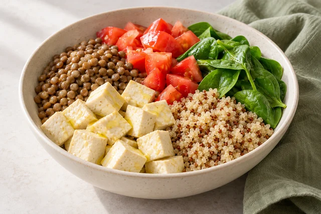 Illustration of pale tofu cubes, cooked lentils and quinoa with raw tomato and spinach