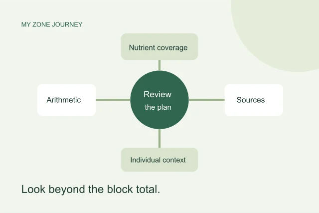 A plan-review diagram connects arithmetic, data sources, nutrient coverage and individual context