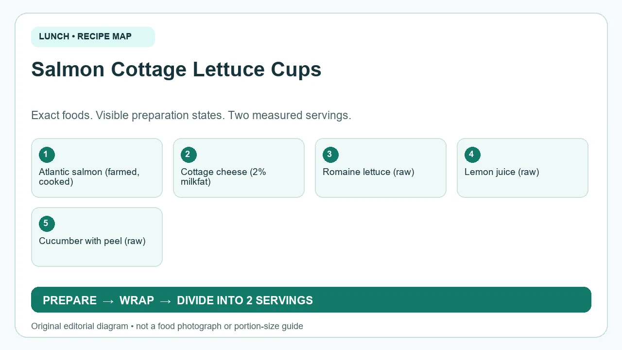 Original ingredient-and-method diagram for Salmon Cottage Lettuce Cups; not a photograph or a portion guide