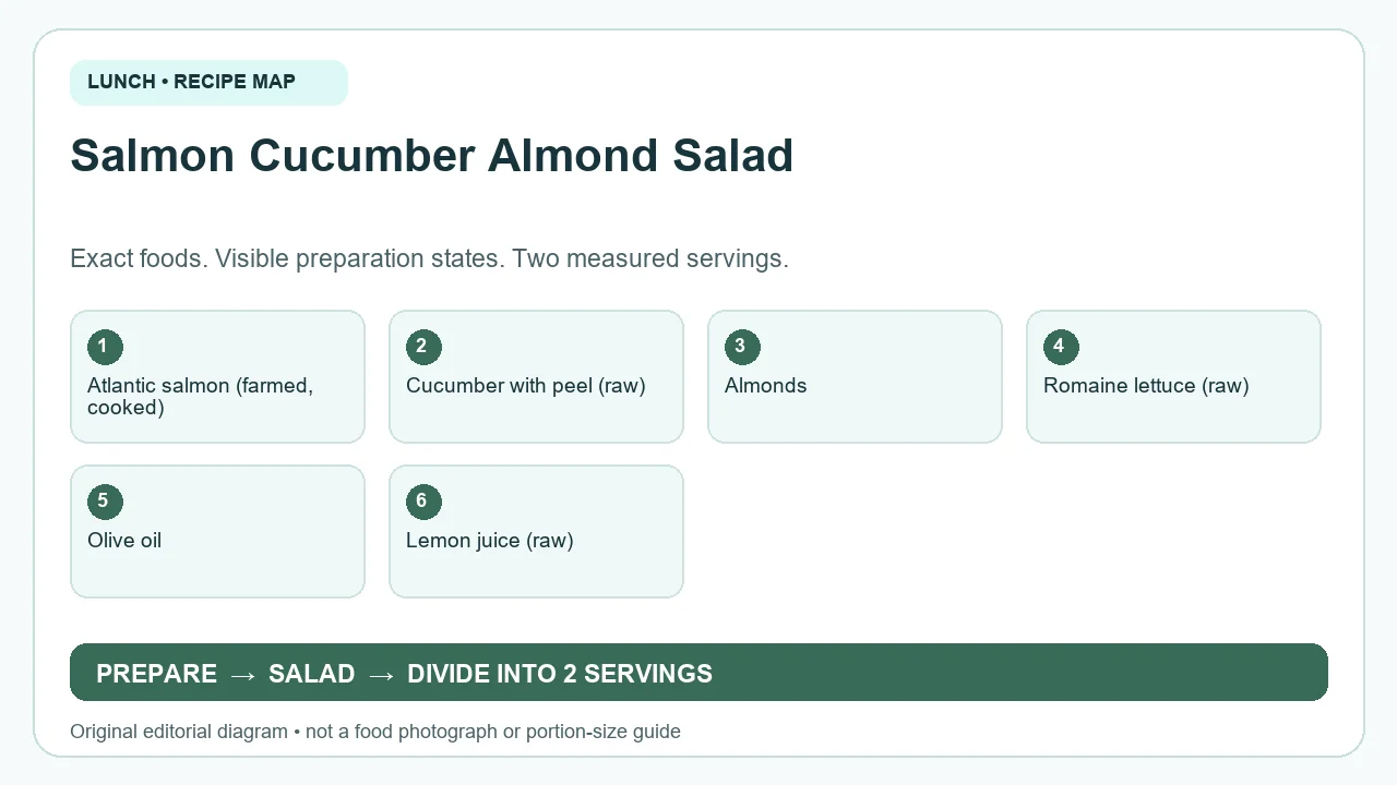 Original ingredient-and-method diagram for Salmon Cucumber Almond Salad; not a photograph or a portion guide