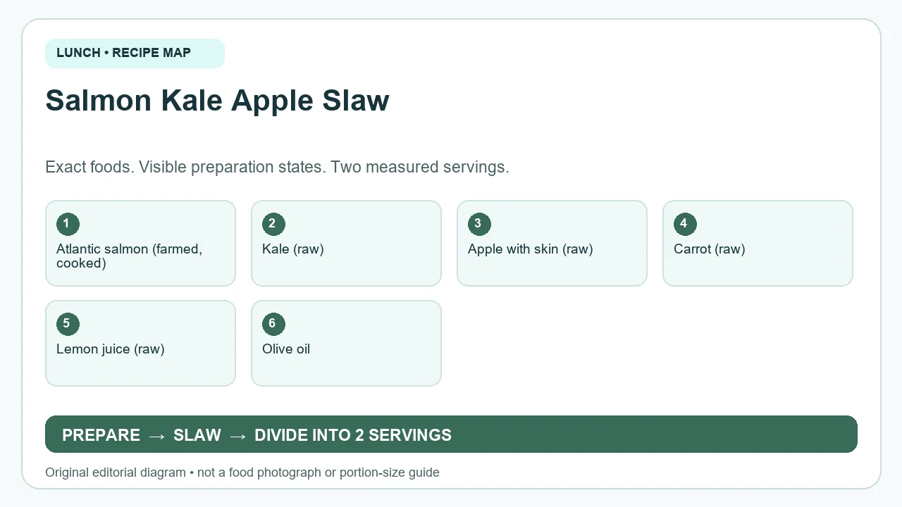 Original ingredient-and-method diagram for Salmon Kale Apple Slaw; not a photograph or a portion guide