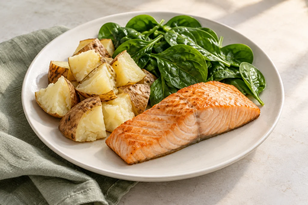 Illustration of cooked salmon, pieces of baked potato and raw spinach on a plate
