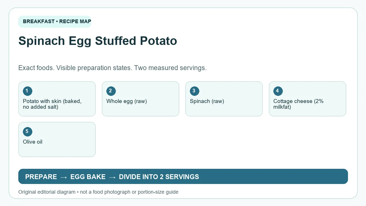 Original ingredient-and-method diagram for Spinach Egg Stuffed Potato; not a photograph or a portion guide