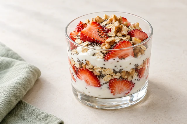 Illustration of a clear yogurt cup layered with strawberries, oats, chia seeds and walnut pieces