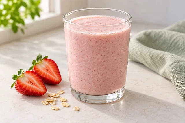 Illustration of a pale pink strawberry oat yogurt smoothie in a clear glass