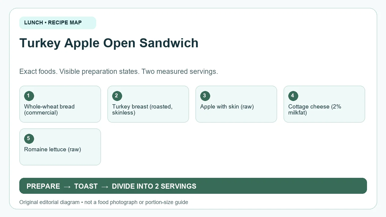 Original ingredient-and-method diagram for Turkey Apple Open Sandwich; not a photograph or a portion guide
