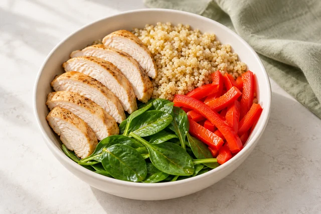 Illustration of sliced cooked turkey, quinoa, raw red pepper and spinach in a pale bowl