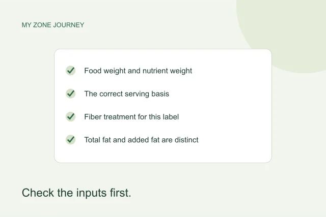 A calculation checklist separates food weight, nutrient grams, fiber treatment and the two fat conventions